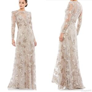Mac Duggal Floral Embroidered Illusion Long Sleeve Evening Gown